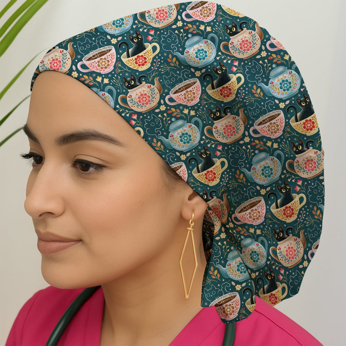 Black Cat Tea Party Veterinary Scrub Cap