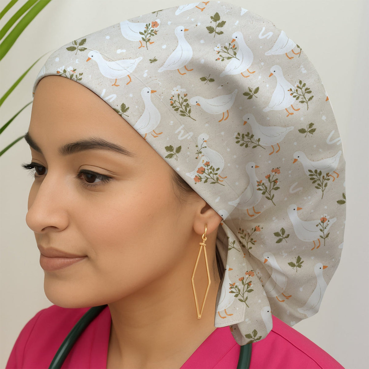 White Goose Floral Meadow Scrub Cap