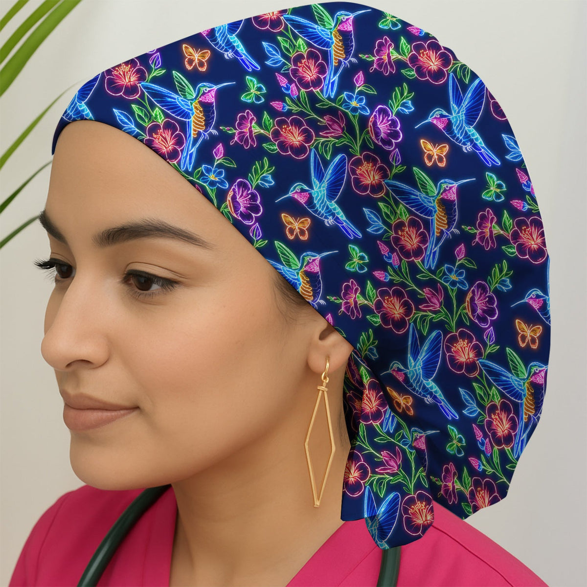 Neon Hummingbird Floral Garden Scrub Cap