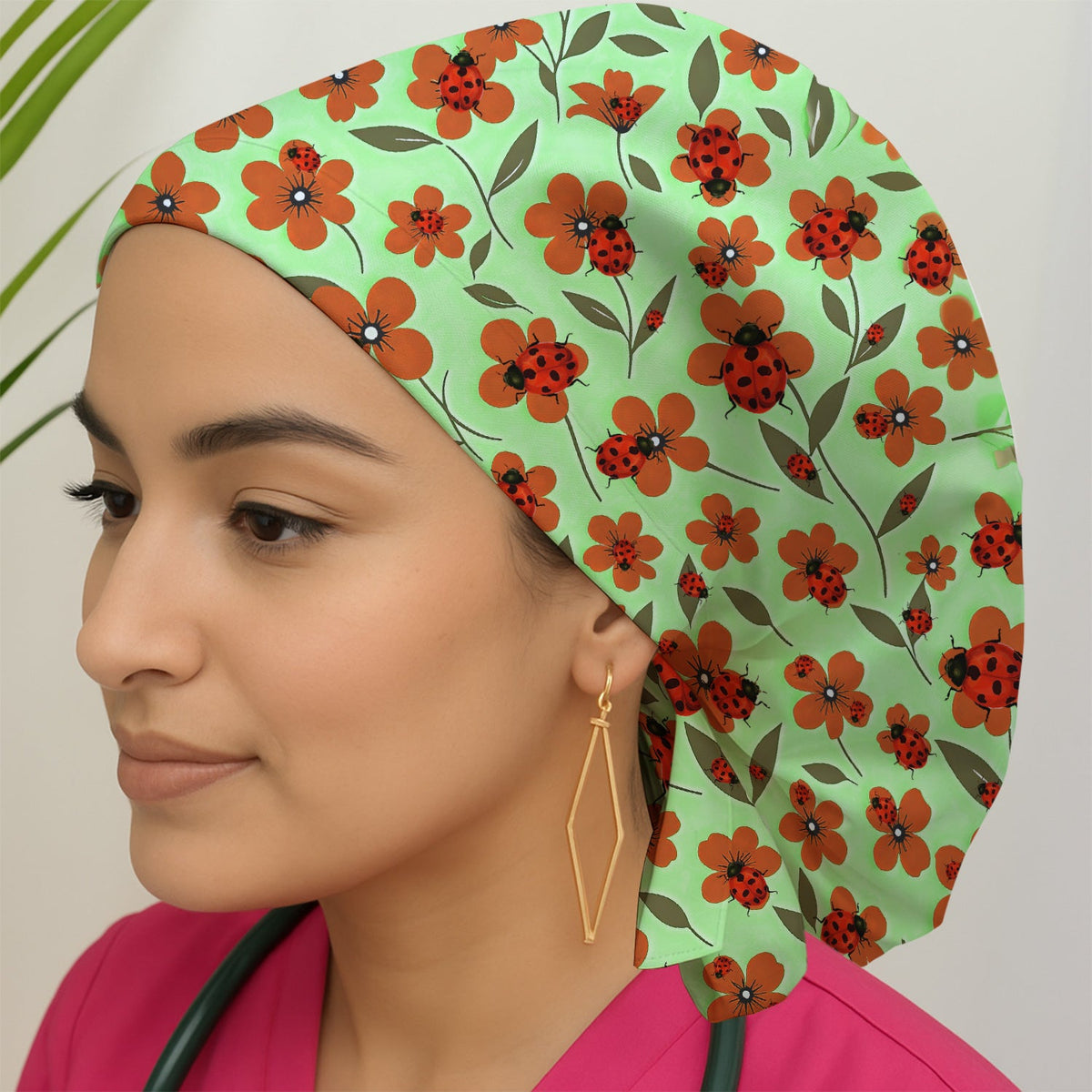 Ladybug Orange Floral Garden Scrub Cap