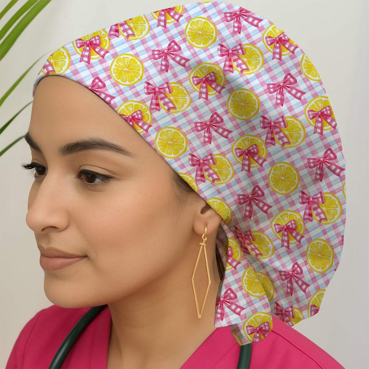 Lemon Slice Pink Bow Gingham Scrub Cap