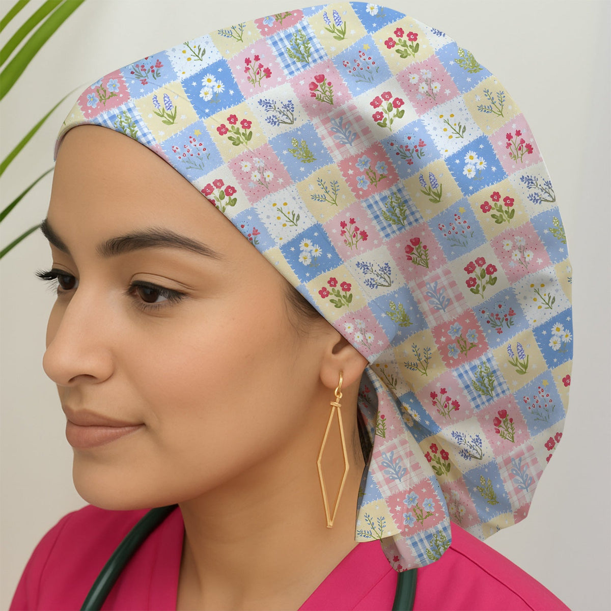 Pastel Patchwork Wildflower Garden Nurse Scrub Cap