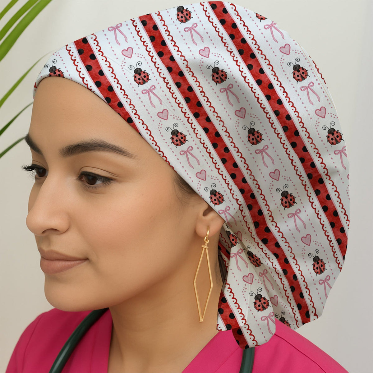 Ladybug Heart Bow Stripe Scrub Cap