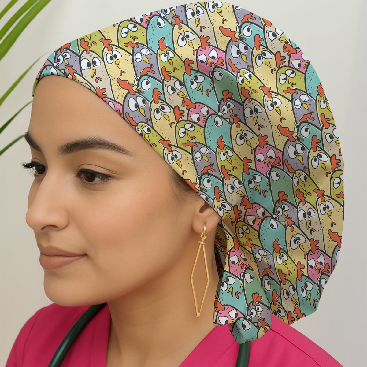 Cartoon Chicken Crowd Scrub Cap
