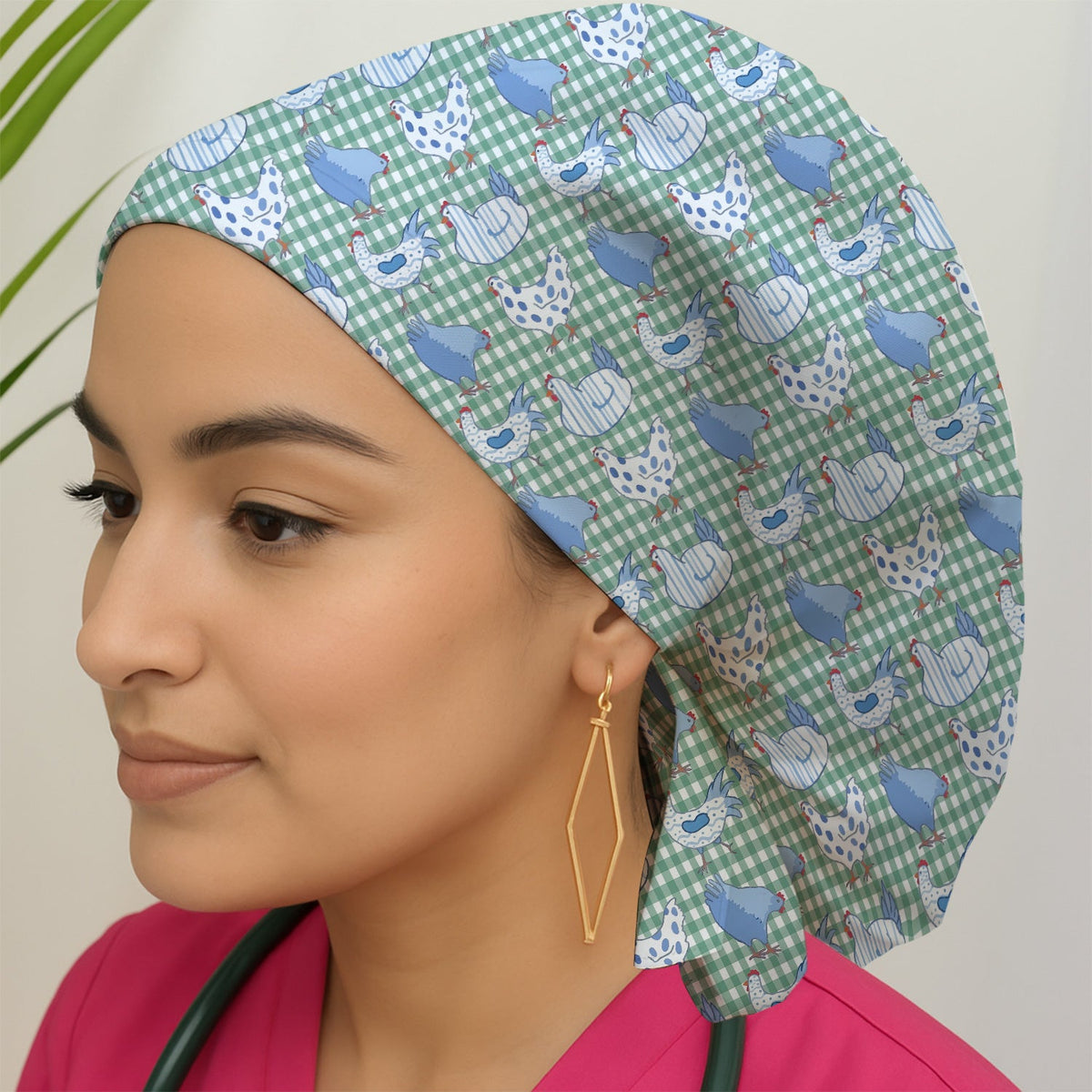 Blue Chicken Gingham Scrub Cap