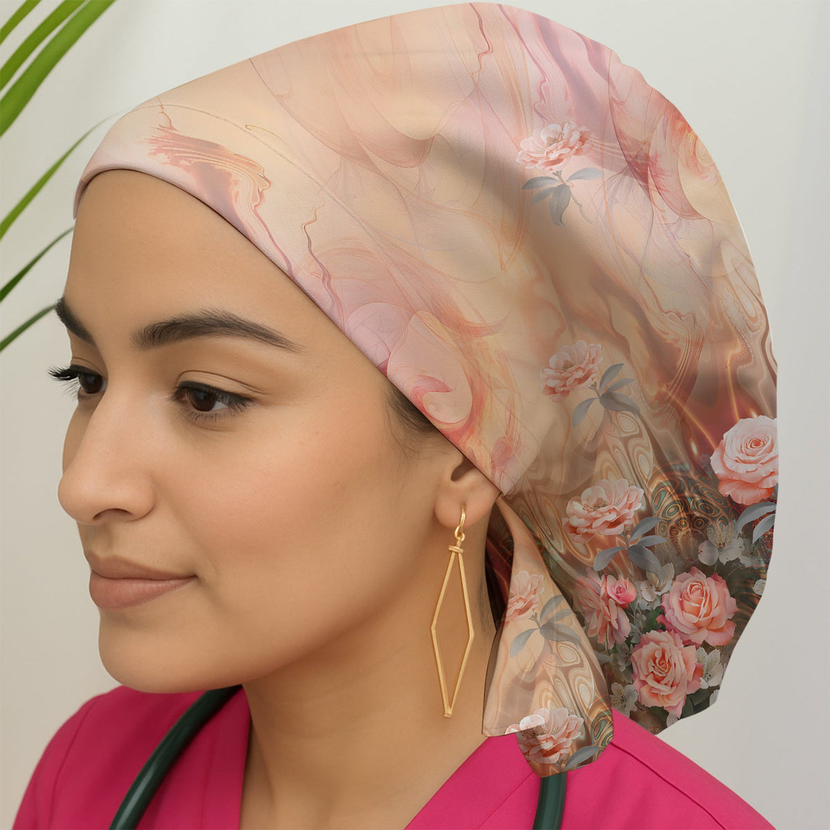 Elegant Peach Marble Rose Scrub Cap