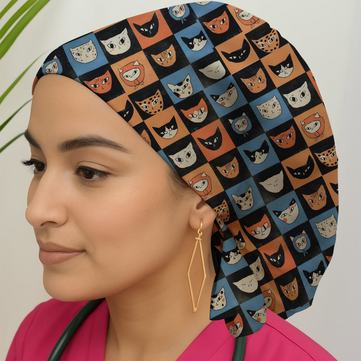 Retro Cat Checkerboard Scrub Cap