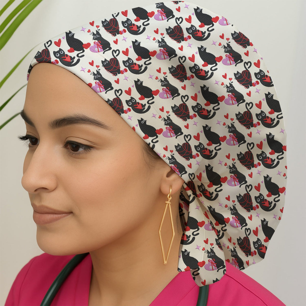 Valentine's Day Black Cat Heart Scrub Cap