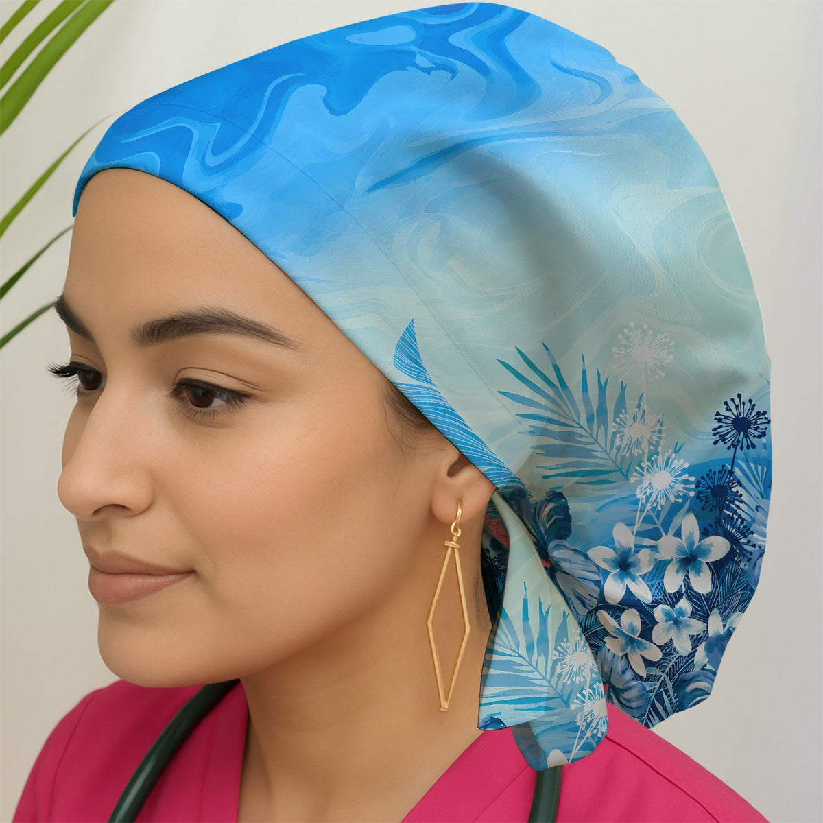 Elegant Blue Tropical Floral Scrub Cap