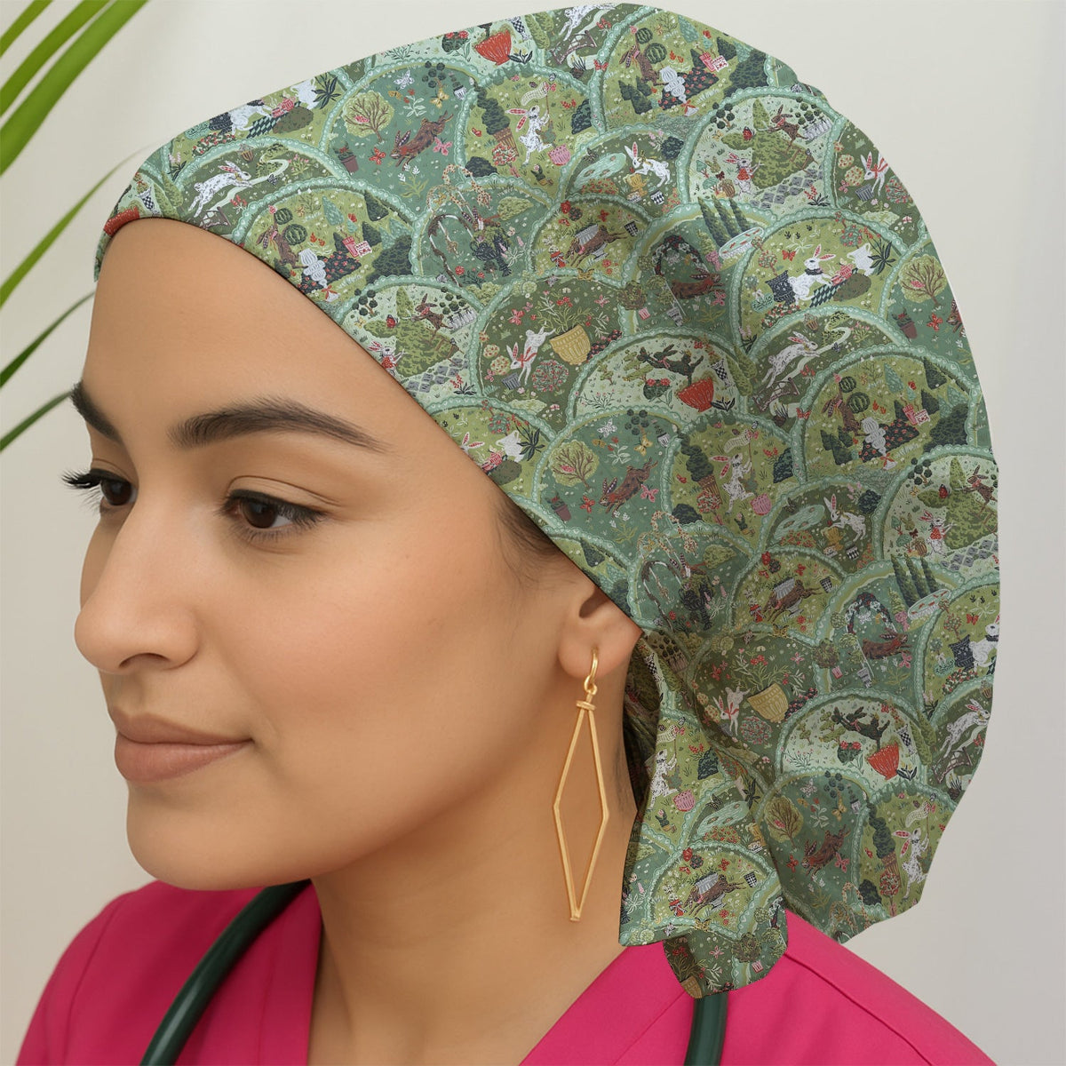Whimsical Garden Scene Rabbit Scrub Cap