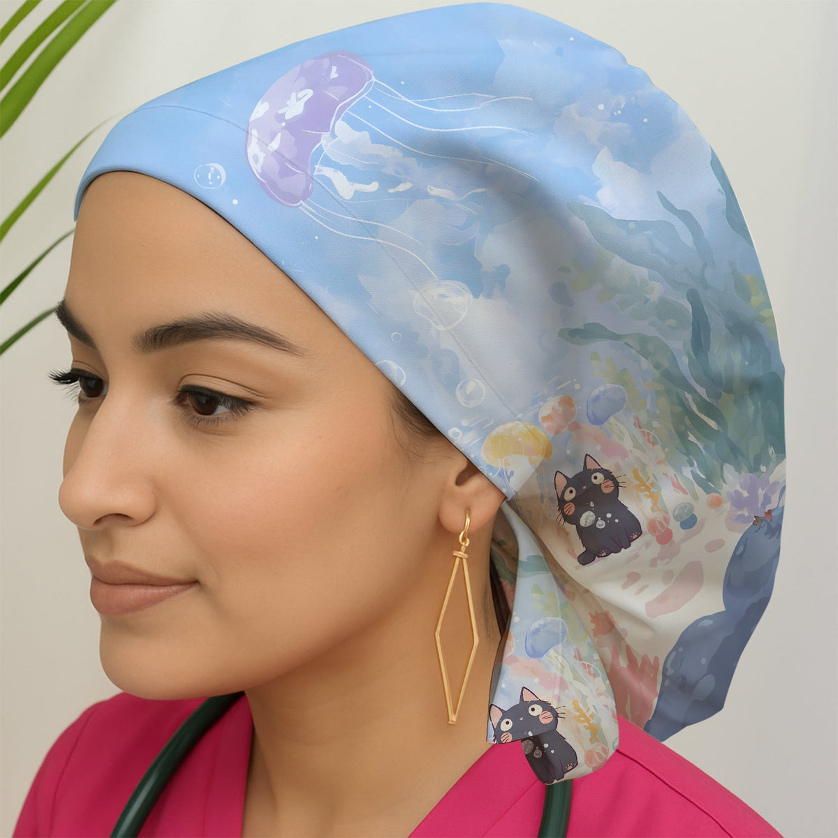 Underwater Black Cat Jellyfish Scrub Cap