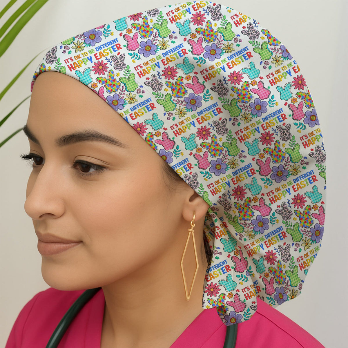 Bunny Floral Scrub Cap - Easter Gift For Nurse