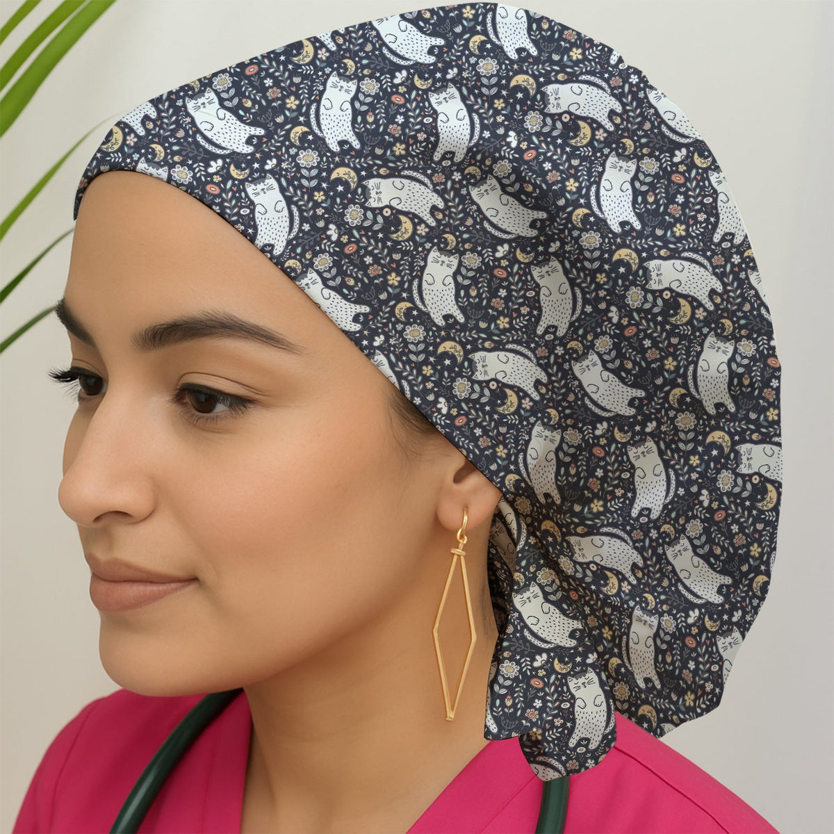 Moonlit Floral Cat Scrub Cap