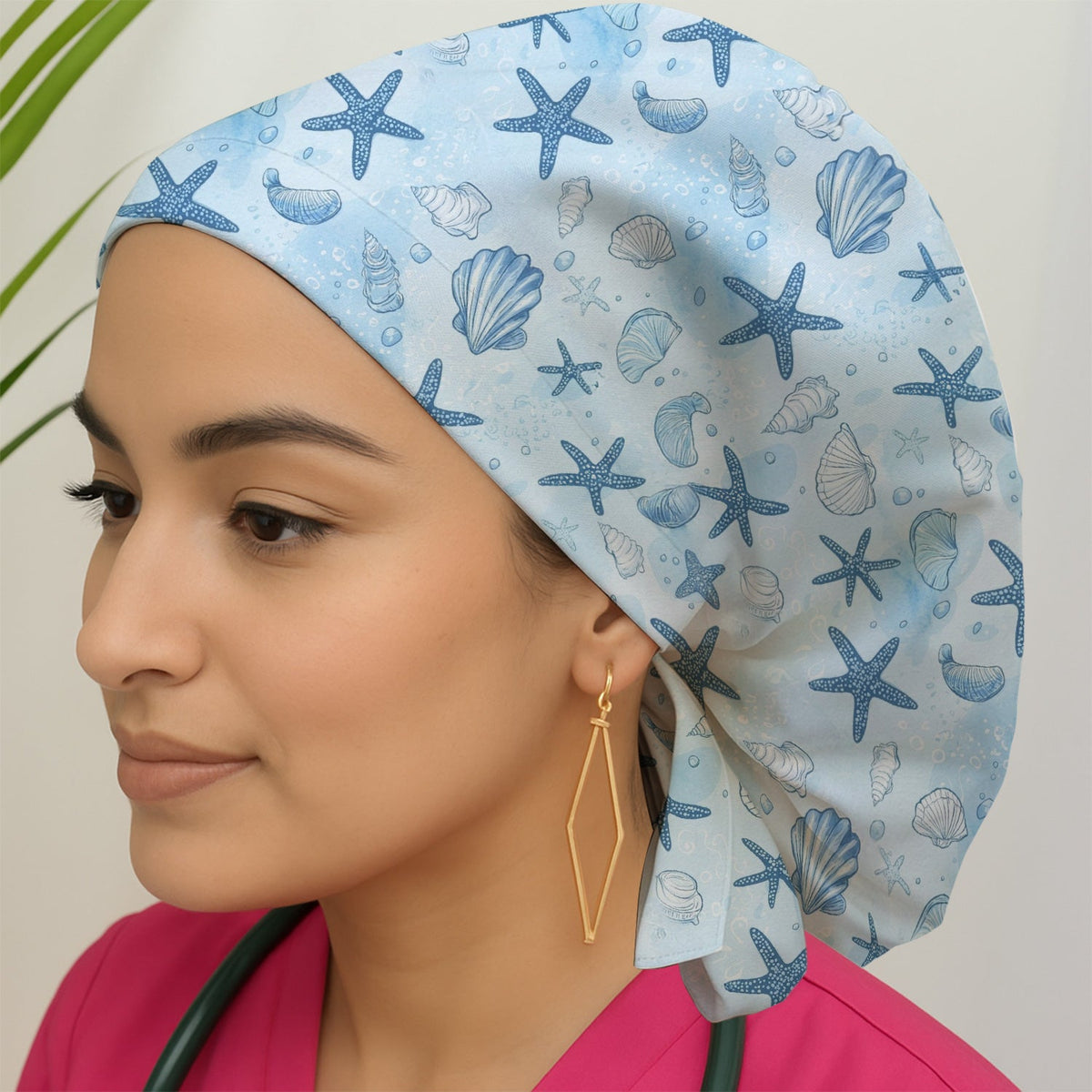 Blue Sea Shells Starfish Scrub Cap