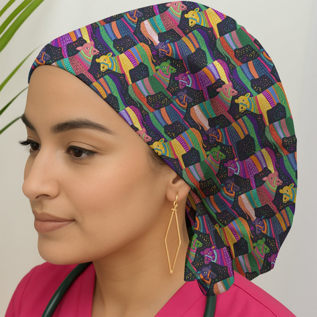 Vibrant Patchwork Rainbow Cow Scrub Cap