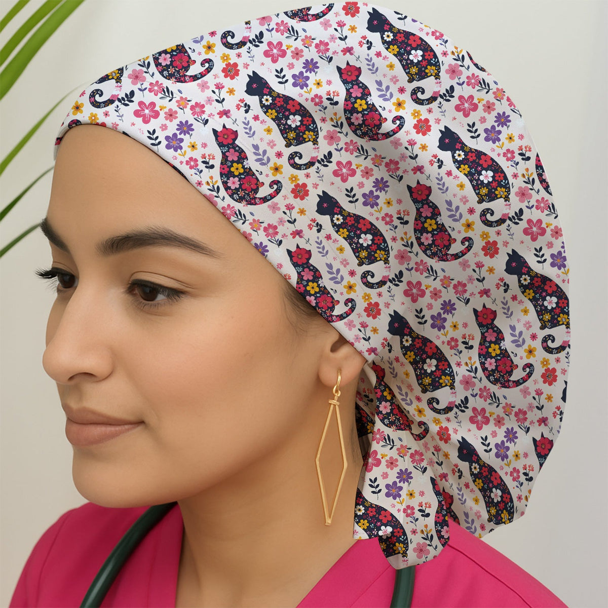 Floral Cat Silhouette Spring Garden Scrub Cap