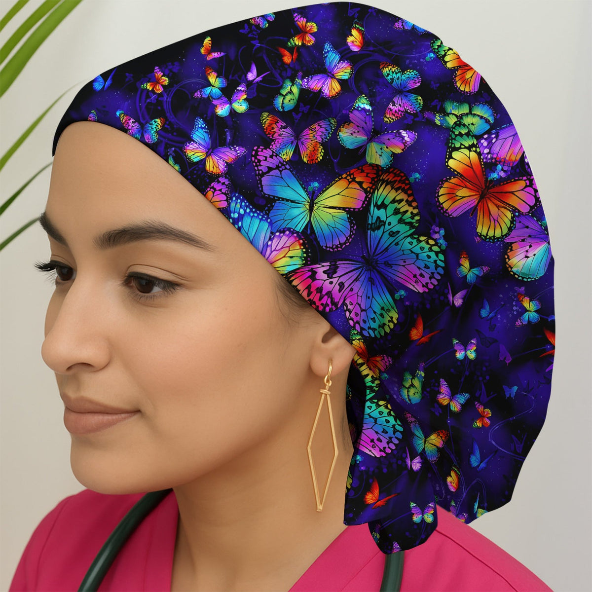 Vibrant Rainbow Butterfly Galaxy Scrub Cap