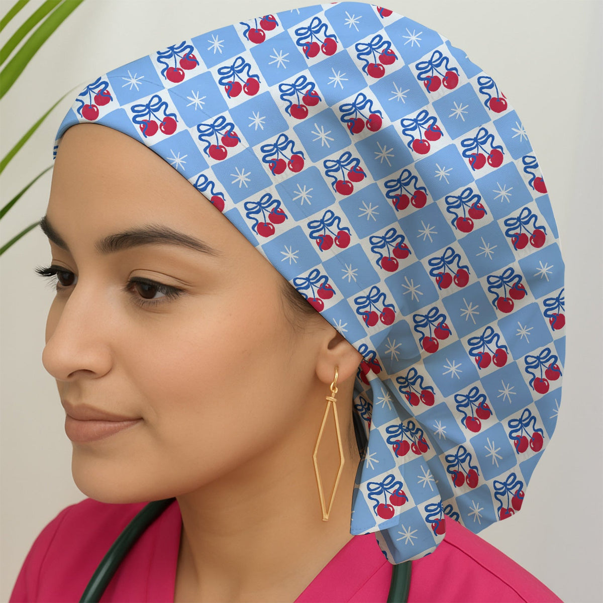 Cherry Bow Gingham Scrub Cap