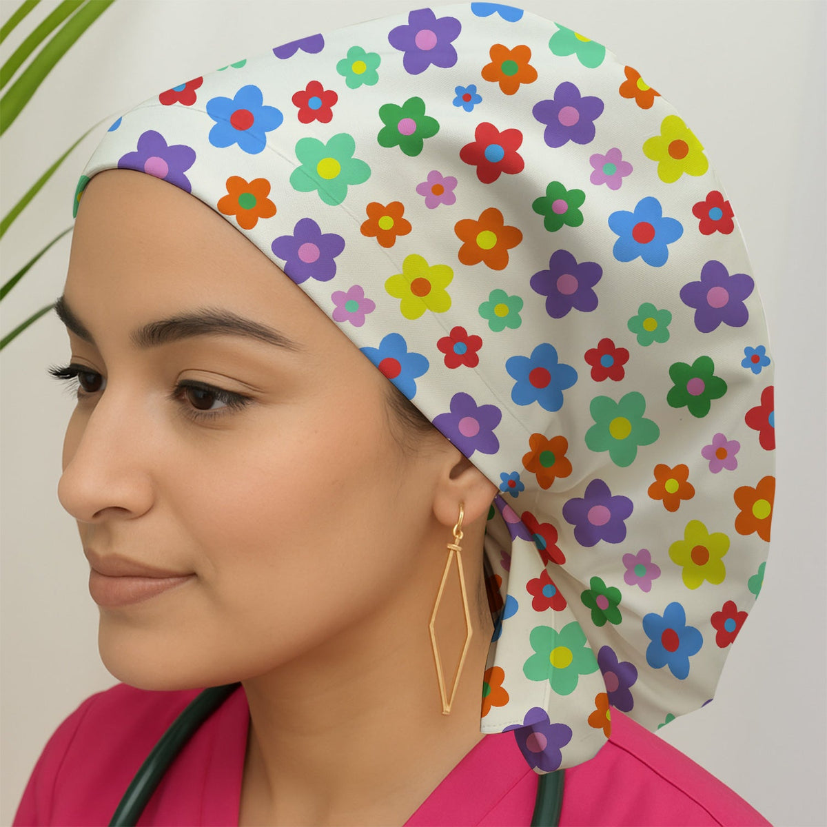 Colorful Retro Flower Scrub Cap