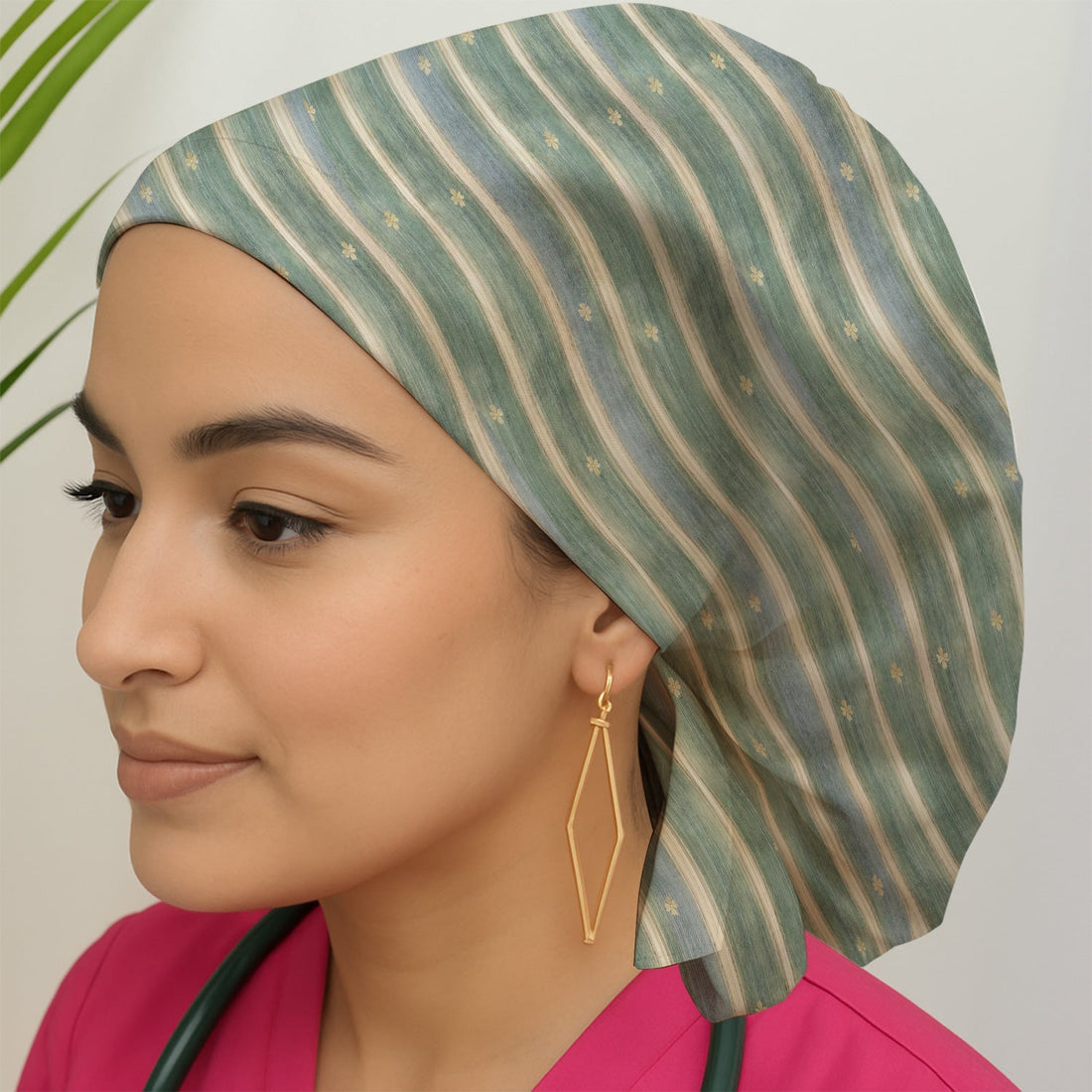 Nurse Green Vertical Stripe Floral Scrub Cap