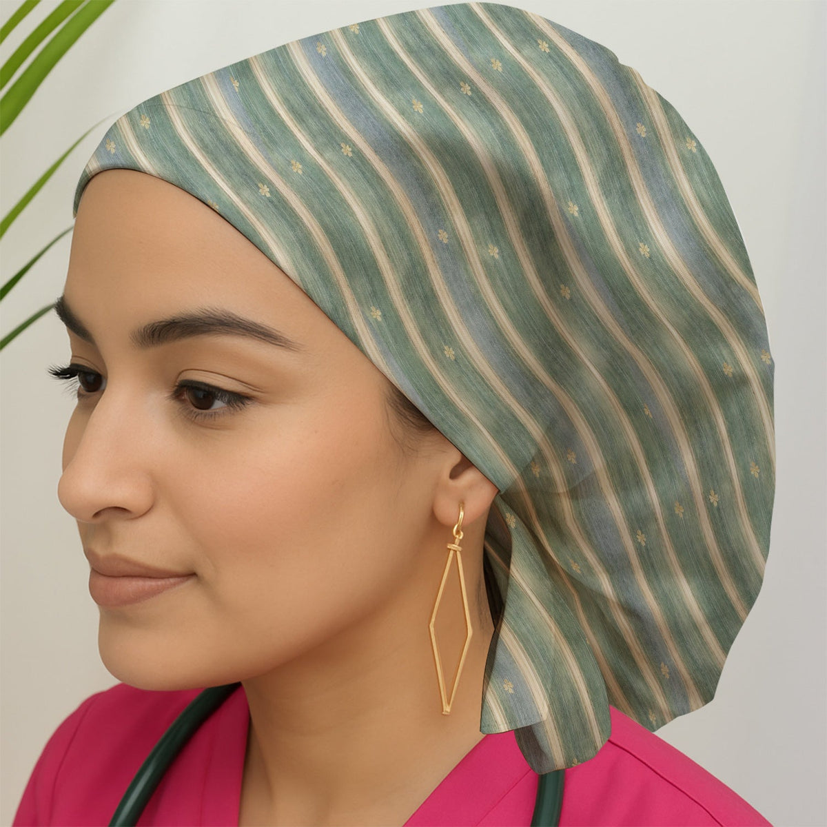 Nurse Green Vertical Stripe Floral Scrub Cap