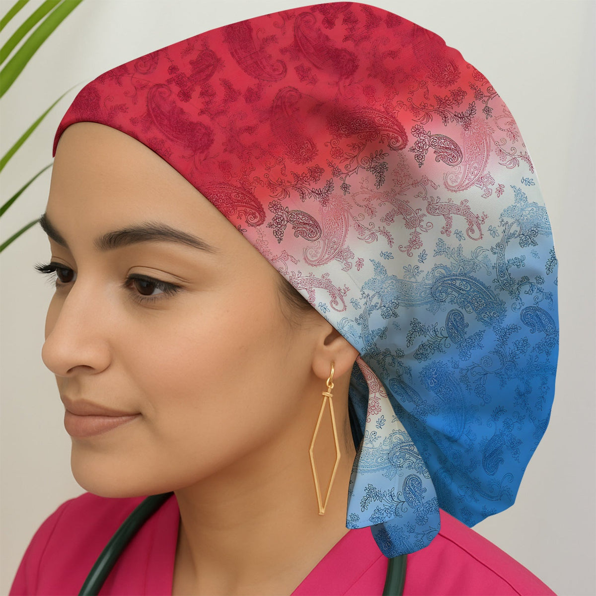 Red Blue Paisley Ombre Scrub Cap