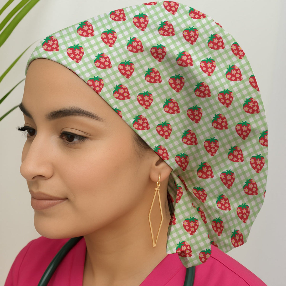 Sweet Strawberry Gingham Scrub Cap