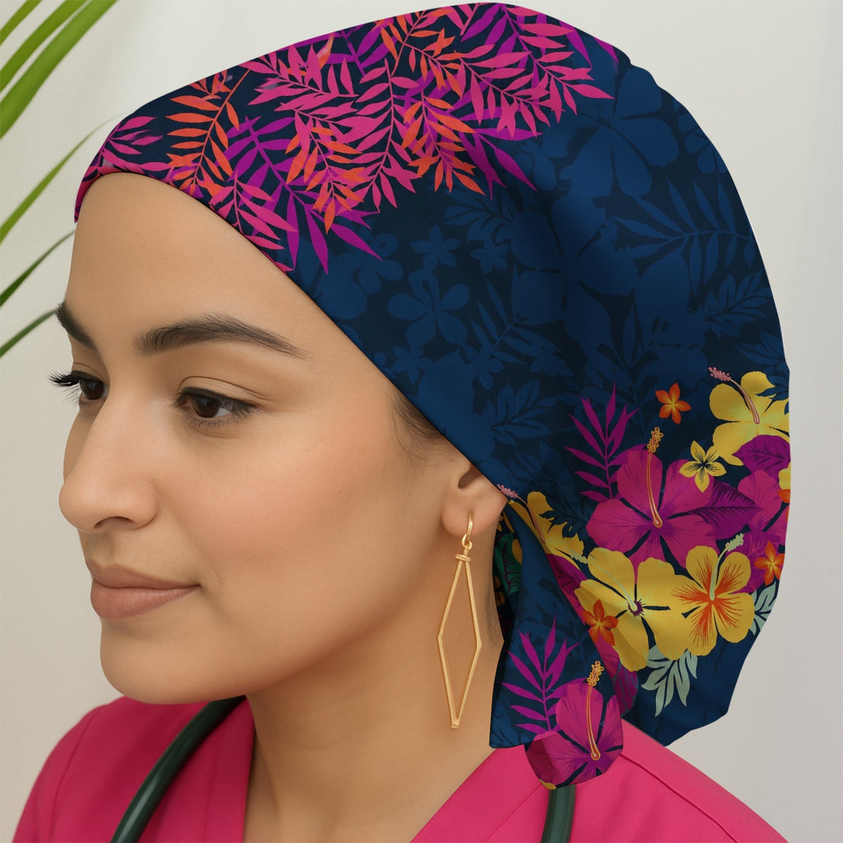 Tropical Hibiscus Palm Leaf Scrub Cap