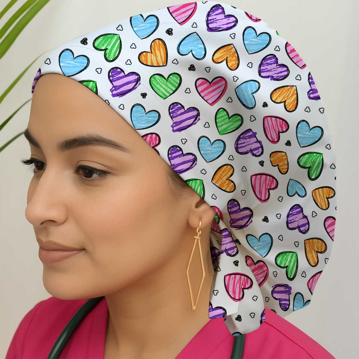 Colorful Doodle Heart Scrub Cap