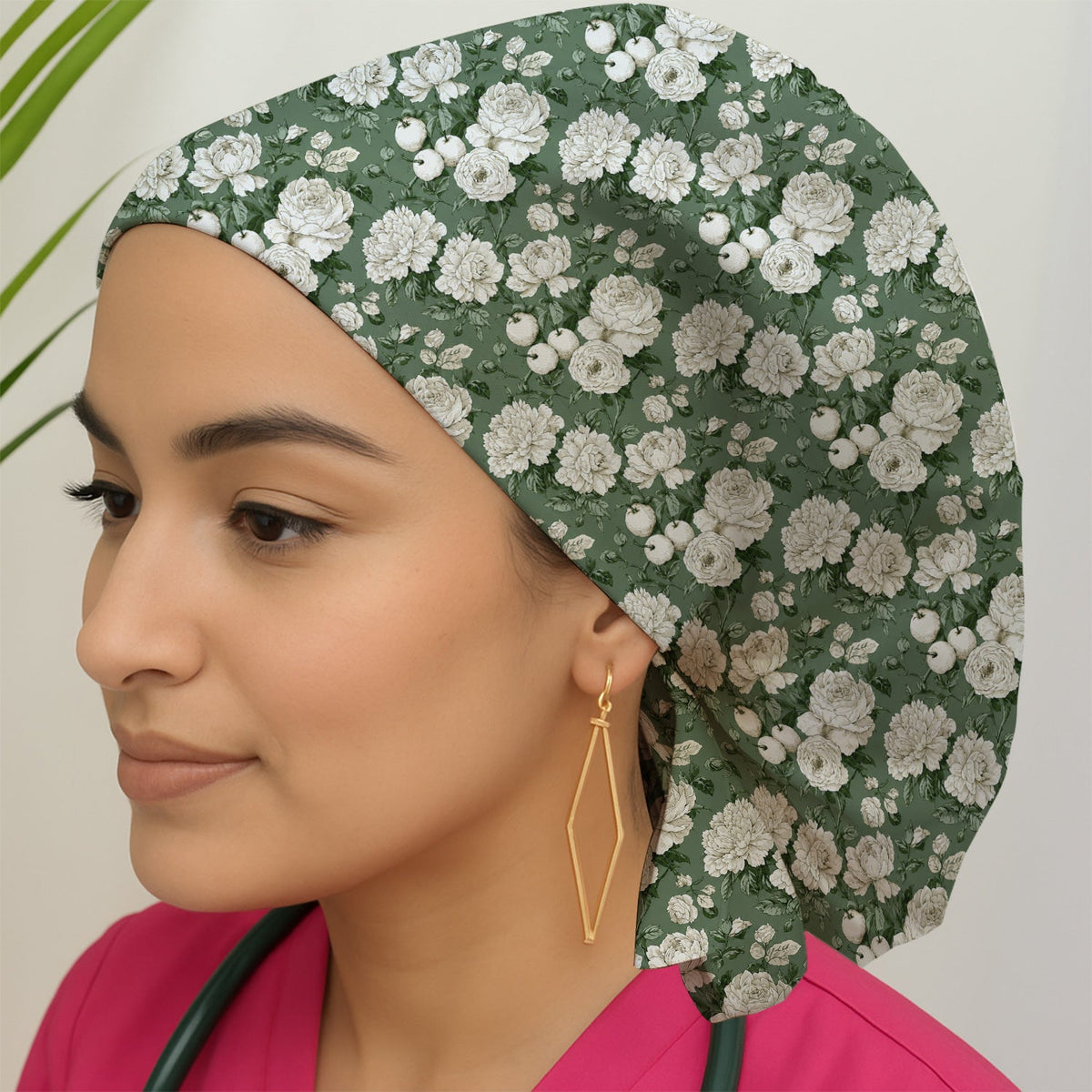 Elegant White Rose Garden Scrub Cap