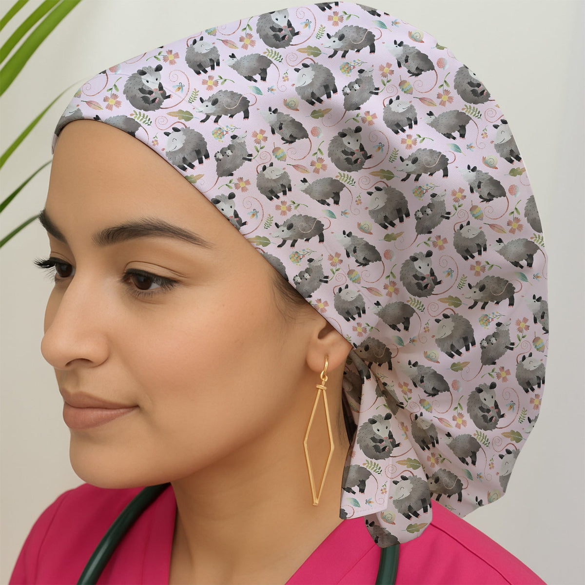 Opossum Playing Flower Garden Scrub Cap
