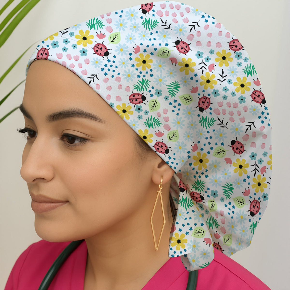 Ladybug Floral Garden Scrub Cap