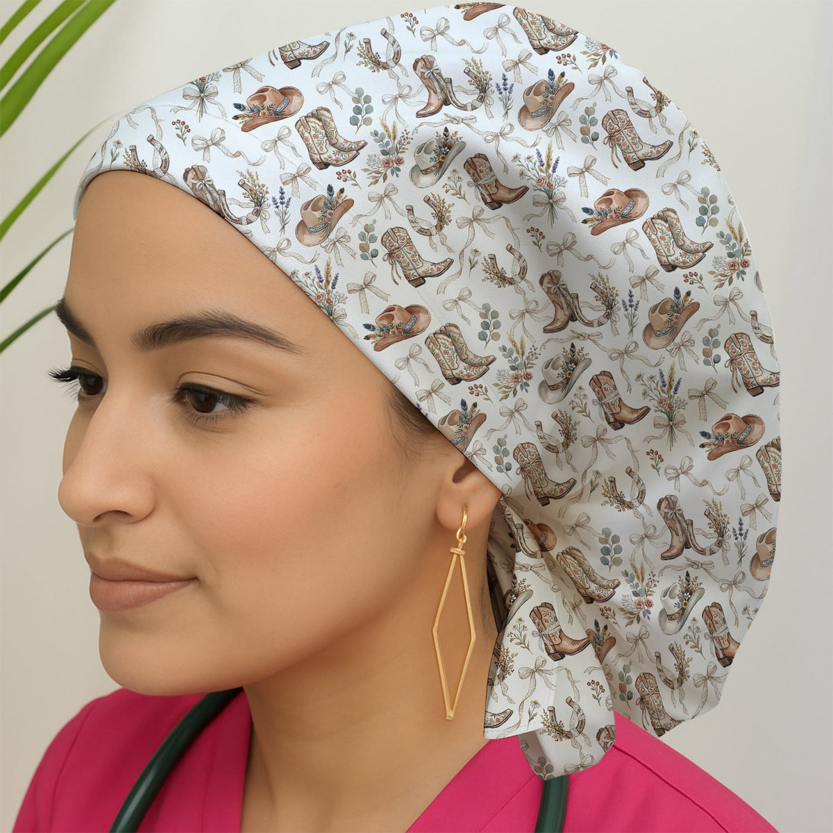 Western Cowboy Boots Hat Floral Scrub Cap