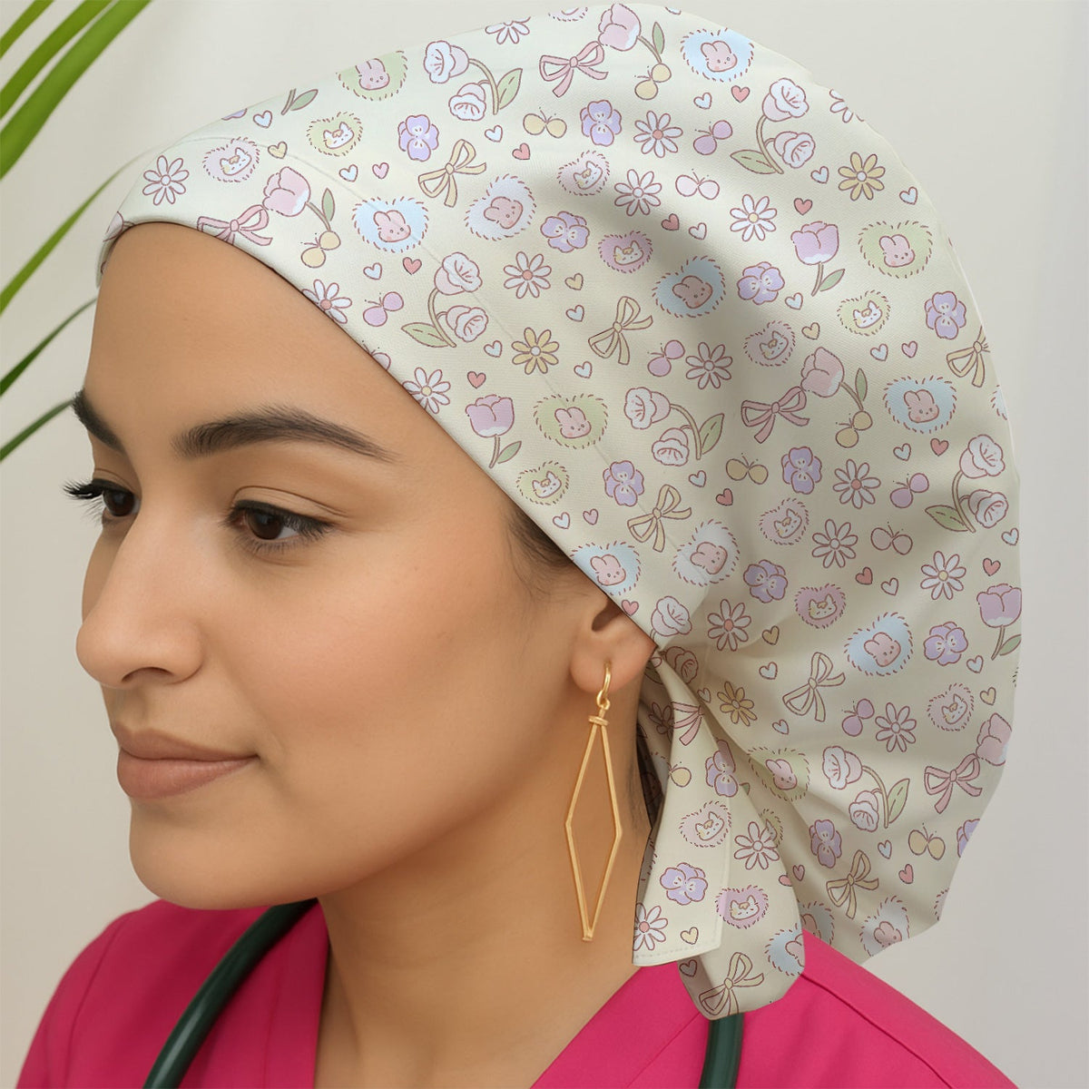 Pastel Bunny Flower Heart Nurse Scrub Cap