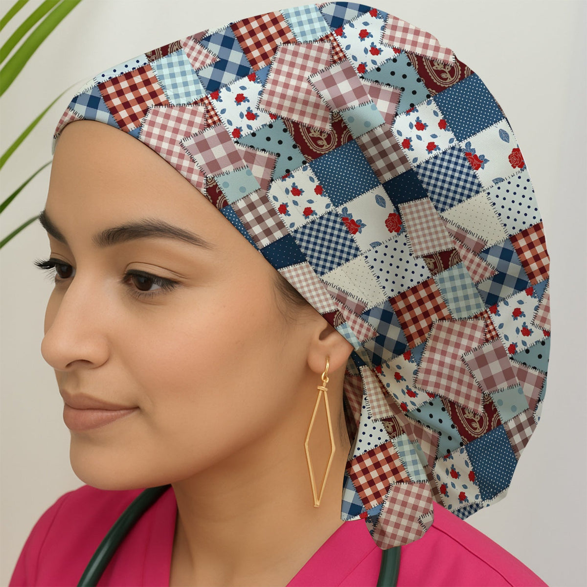 Retro Patchwork Plaid Quilt Scrub Cap