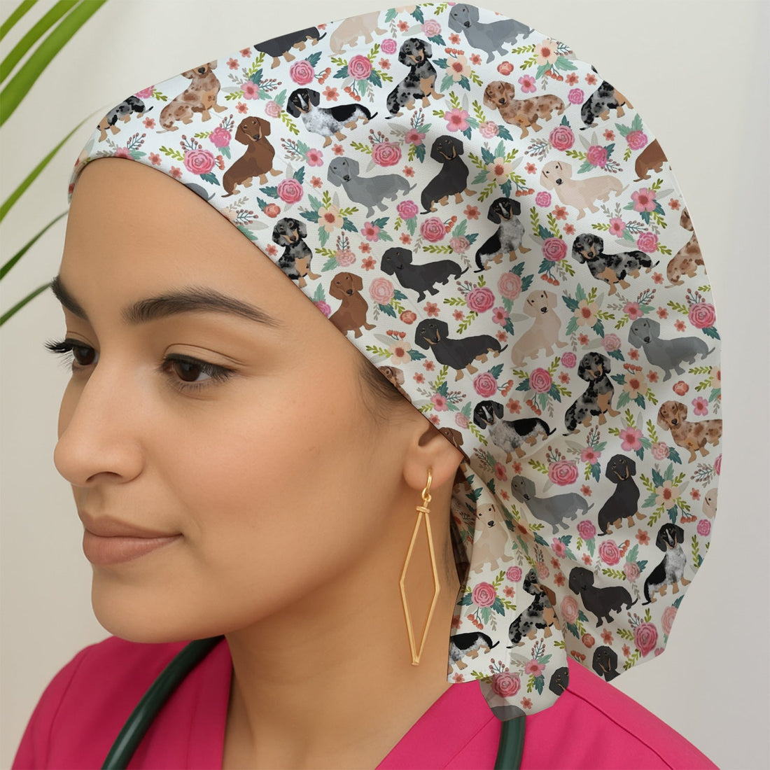 Adorable Dachshund Floral Scrub Cap