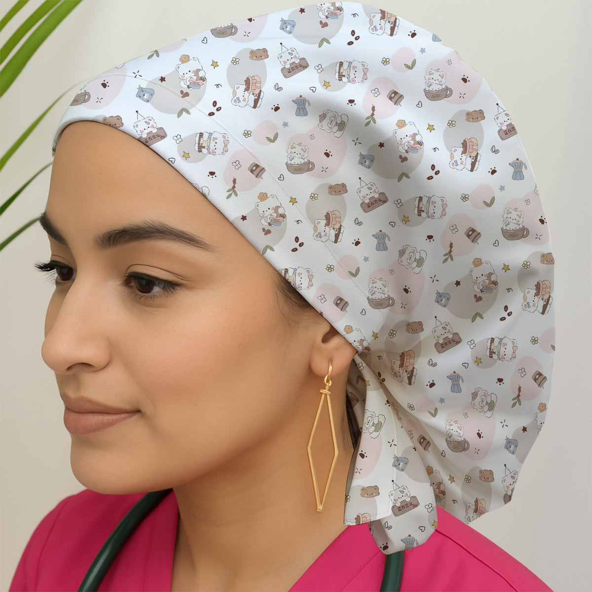 Cat With Coffee Paw Heart Scrub Cap