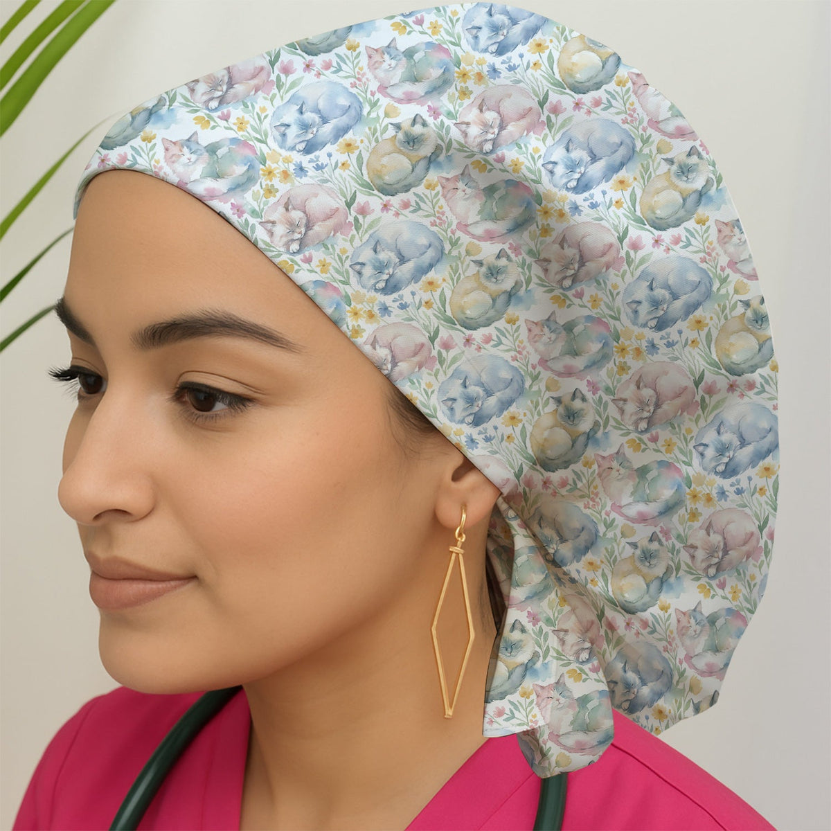 Dreamy Sleeping Cat Floral Scrub Cap