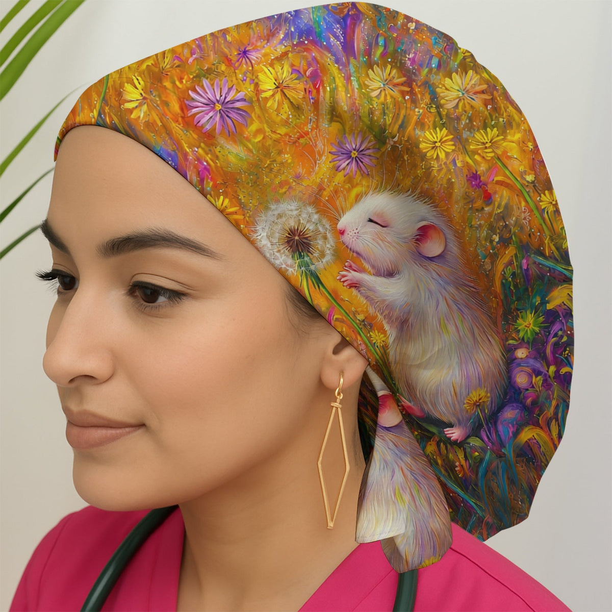 Whimsical Mouse Dandelion Scrub Cap