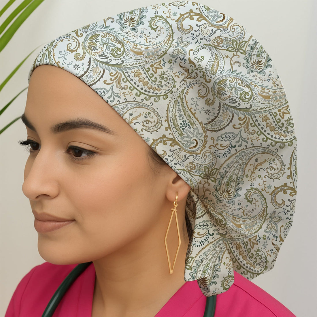 Elegant Sage Green Vintage Paisley Floral Vine Scrub Cap