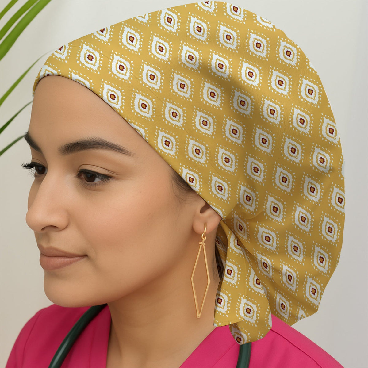 Mustard Geometric Ikat Scrub Cap