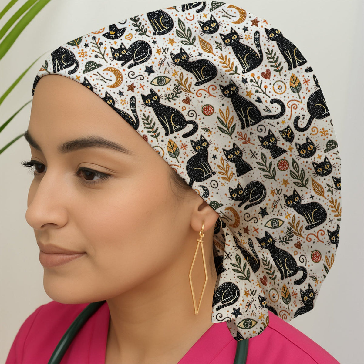 Mystic Black Cat Celestial Scrub Cap