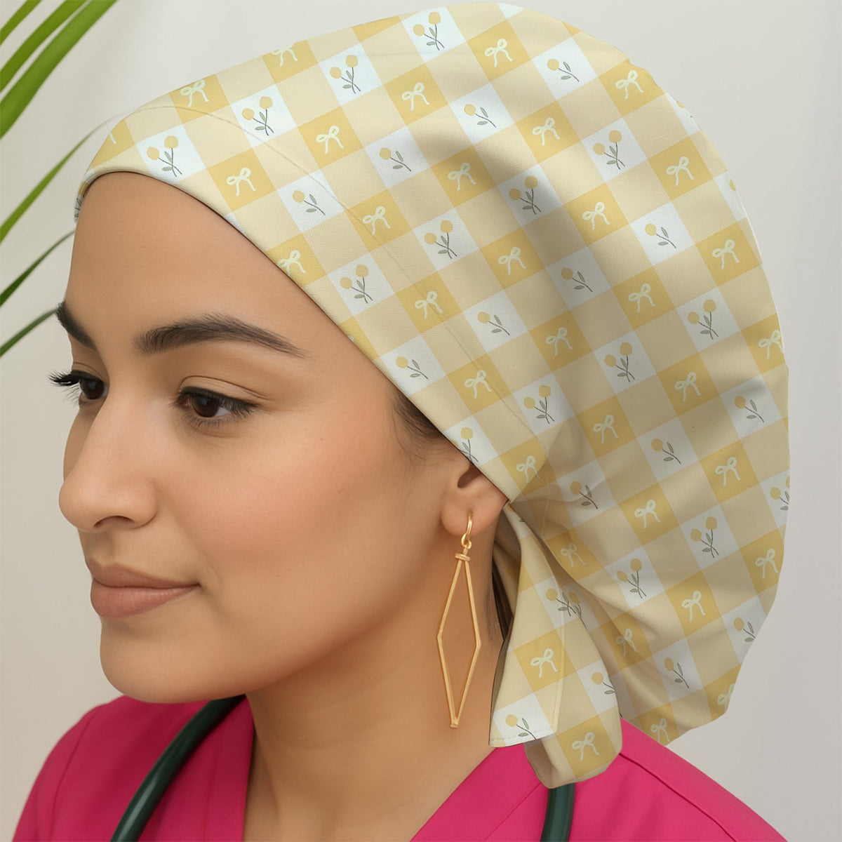 Yellow Gingham Bow Floral Scrub Cap