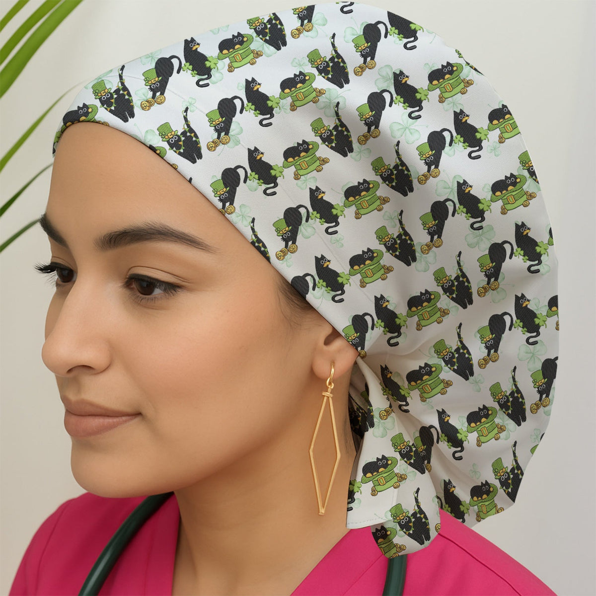 St Patrick Black Cat Clover Scrub Cap