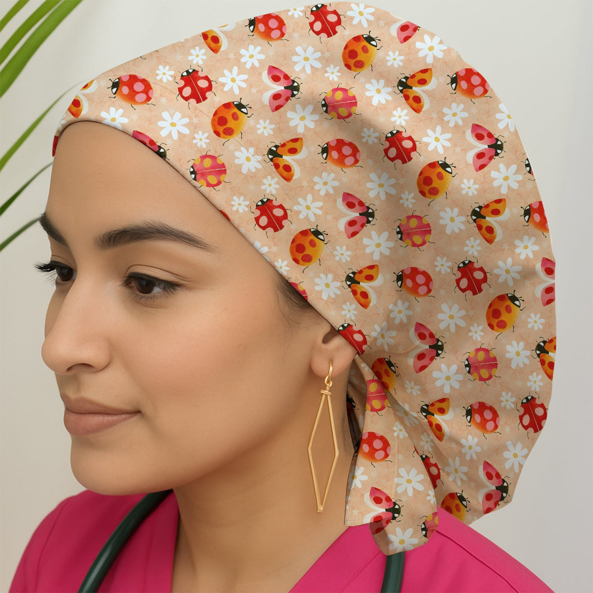 Ladybug Daisy Floral Scrub Cap