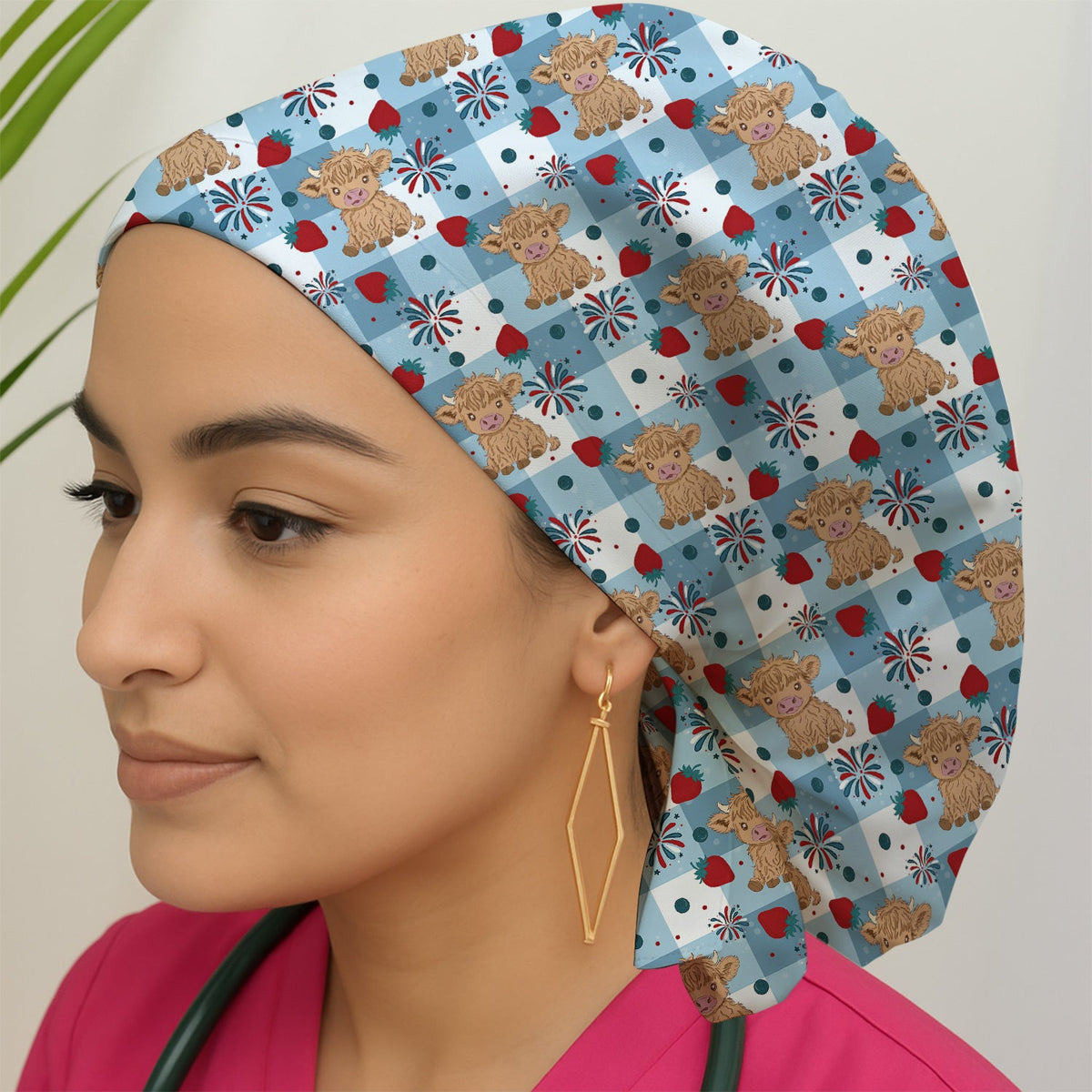 Highland Cow Strawberry Gingham Scrub Cap For Nurse