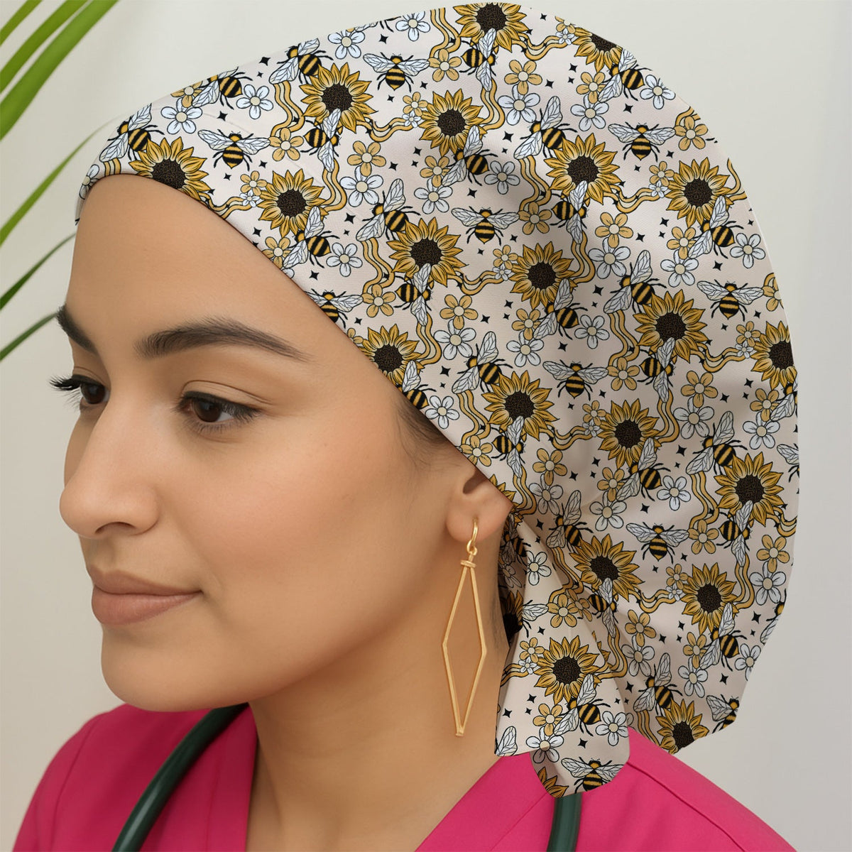 Sunflower Honey Bee Floral Scrub Cap