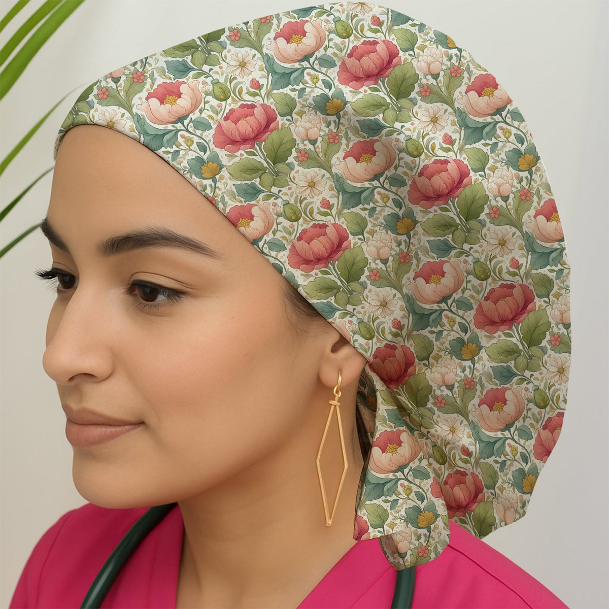 Vintage Botanical Peony Floral Scrub Cap