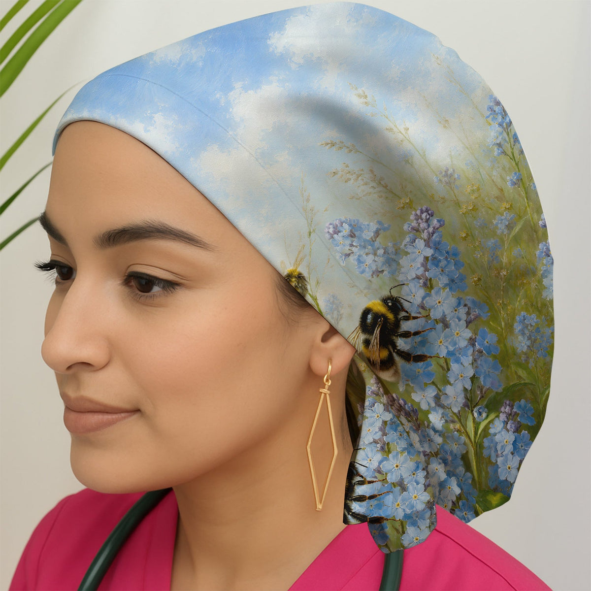 Whimsical Bumblebee Blue Blossom Scrub Cap
