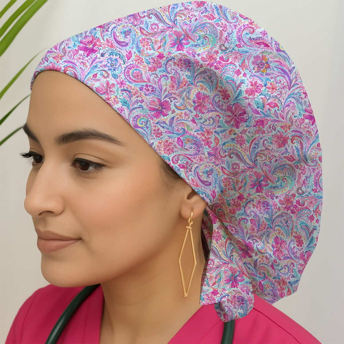 Elegant Pink Paisley Blossom Scrub Cap